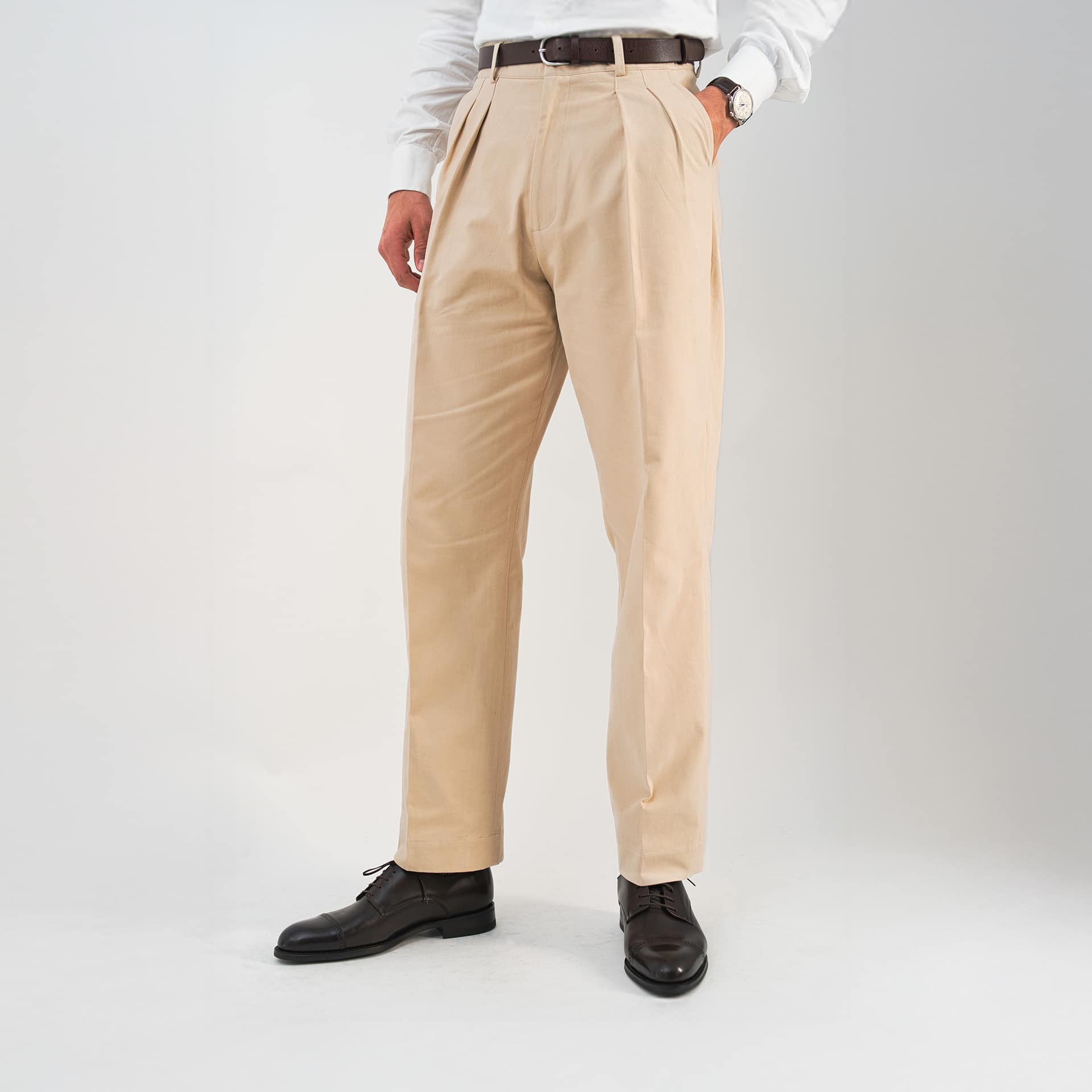 Pantalon homme haut de gamme beige pour cuisses larges - Fostoni